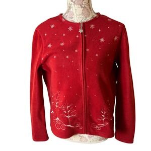 Vintage Red Fleece Snowflake Tree Zip Up holiday Cardigan Sweater PS